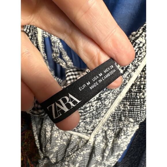 Zara Dress Women Medium Black Mini Gingham Plaid Floral Halter Open Back Cottage - Picture 2 of 9